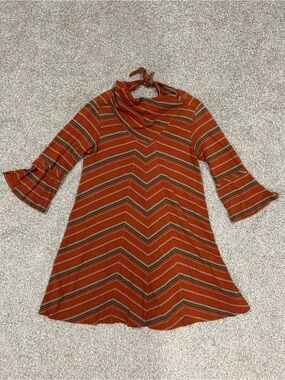 Free People New Romantics Boho Rust Striped Mini Dress Short Bell Sleeve Sz S